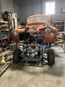 Barrys Custom Fab completed chassis orange top lowered