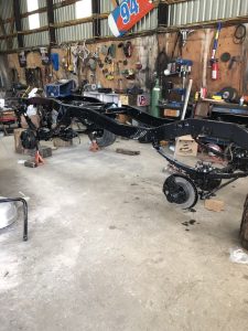 Barrys black chassis up on blocks